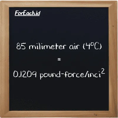 85 milimeter air (4<sup>o</sup>C) setara dengan 0.1209 pound-force/inci<sup>2</sup> (85 mmH2O setara dengan 0.1209 lbf/in<sup>2</sup>)